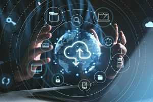 A pair of hands is positioned around a glowing, digital globe surrounded by icons representing cloud computing, file management, networking, and security.