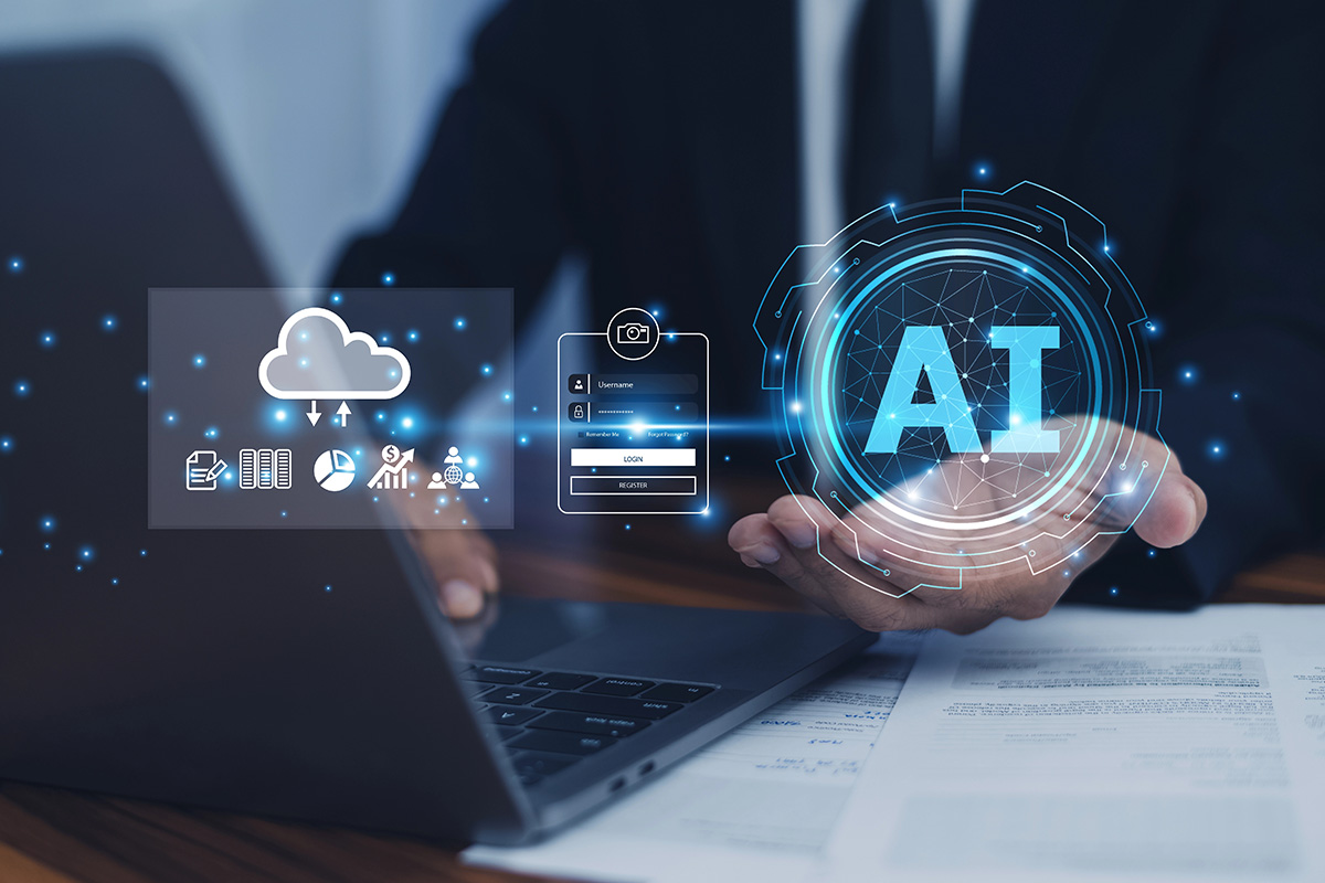 A person in a suit is interacting with a laptop, displaying digital icons representing cloud storage, data analytics, and artificial intelligence (AI).